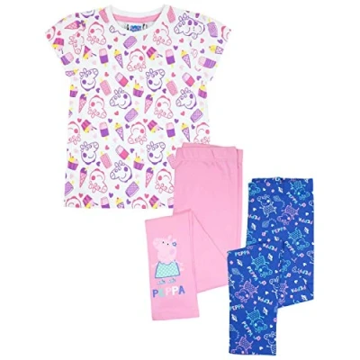Image of Peppa Pig Girls Short Sleeve T Shirt and 2 Pack Leggings Gift Set Bundle Multicoloured