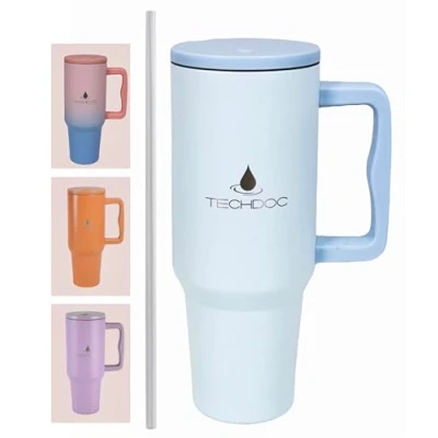 Image of TechDoc 40 oz Insulated Tumbler with Handle &amp; Straw Stainless Steel Water Bottle Iced Coffee Cup Travel Mug Leak Proof, Double Wall Vacuum Hot Cold Beverage BPA Free Baby Blue 1180ml