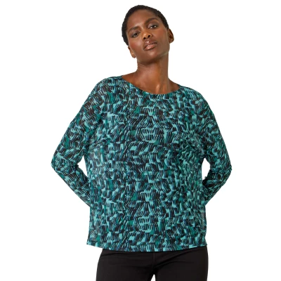 Image of Roman Originals Abstract Print Mesh Overlay Stretch Top for Women UK Ladies Everyday Autumn Winter Round Neckline Comfy Soft Evening Vacation Work Party Night Out Blue Size 12