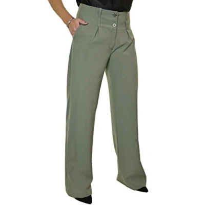 Image of icecoolfashion Womens Wide Leg Trousers Pleated Office Work Smart Formal Relaxed Fit Trouser Khaki Green (10)