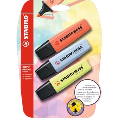 Image of Highlighter STABILO BOSS ORIGINAL Pastel Pack of 3 Mellow Coral Red, Cloudy Blue, Dash Lime