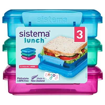Image of Sistema Lunch Sandwich Boxes 450 ml Airtight School BPA Free Assorted Colours 3 Count