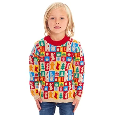 Image of Boys Girls Kids Children Unisex Christmas Xmas Knitted Novelty, Retro, Elf, Football Jumper Sweater (as8, Age, 6_Years, 7_Years, Regular, Advent Kids, 6 7 Years)