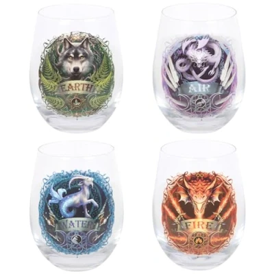 Image of Something Different Wholesale Anne Stokes Elemental Collection Stemless Wine Glasses Set Collector&#039;s Glassware with Four Elements Design (Set of 4)
