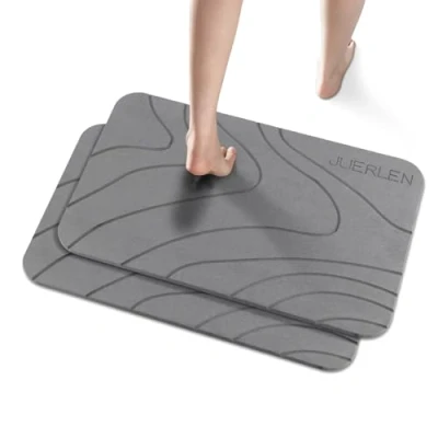 Image of 2 Pack Diatomaceous Earth Shower Mat, Stone Bath Nonslip Super Absorbent Fast Drying Hard Mat for Bathroom Floor, 24 x 16 inch, Grey Wave Design