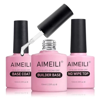 Image of AIMEILI Clear Builder Gel Base and Top Coat Set, 3Pcs No Wipe Nail Polish with for Nails, Hard Strengthener Extension in a Bottle
