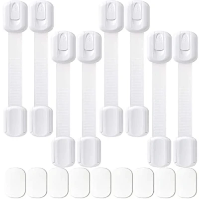 Image of 8 Pack White Baby Safety Locks SACONELL Child Proof Cabinets Strap Locks, Self Adhesive Adjustable Latches for Cupboard Doors, Drawers, Cupboard, Appliances, Toilet Seat, Fridge and Oven