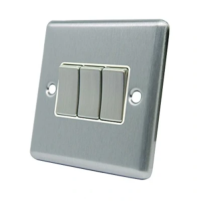 Image of AET CSC3GSWIWS Satin Chrome Classical White Insert Metal Rocker Switches 10 Amp Triple 3 Gang 2 Way Light Switch, 240 V