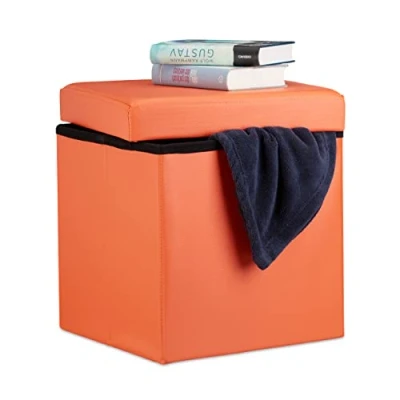 Image of Relaxdays Folding Ottoman 38 x cm Sturdy Storage Chair Pouffe and Footstool, Faux Leather Box, Removable Lid, Orange