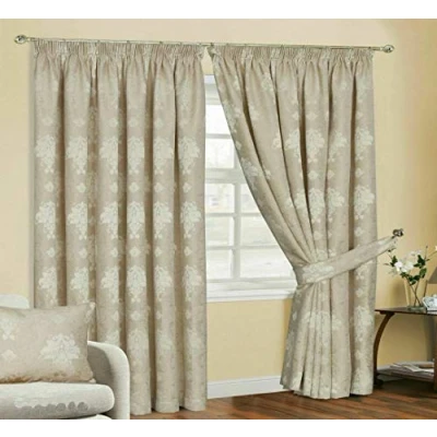 Image of Householdfurnishing Redy Made Luxury Jacquard Fully Lined Curtain Pair Pencil Pleat With Free Tie Backs (Beige Curtain, 46 x L 90)