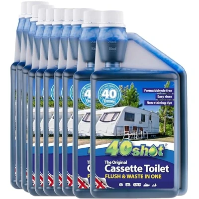 Image of 40Shot Blue Mega Value Pack 10 x 1L Concentrated Cassette Toilet Fluid 400 Doses Waste Breakdown &amp; Odour Control Amaretto Cherry Fragrance Caravan, Motorhome Boat Safe