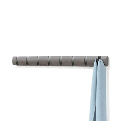 Image of Umbra Flip 8 Hook Wall Mounted Coat Rack, Modern, Sleek, Space Saving Hanger with Retractable Hooks to Hang Coats, Scarfs, Purses and More, Grey/Pewter