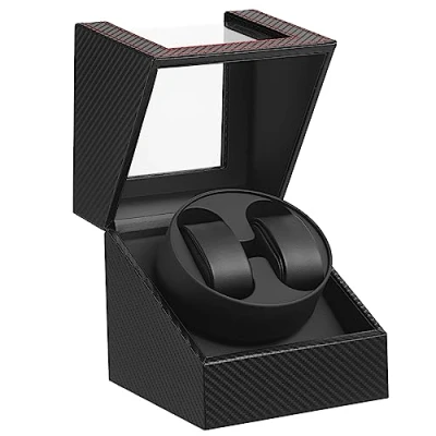 Image of DRAIGERWAY Automatic Watch Winder Box, Luxury Winder, Case with Quiet Mabuchi Motor, Battery Operated or Power Supply PU Leather (Fibre Made of Carbon DGW)
