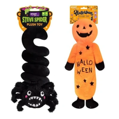 Image of YöL Set of 2 Halloween Plush Pumpkin &amp; Spring Spider Dog Toy Squeaker Puppy Pet Teething Chew Play Rope Tug