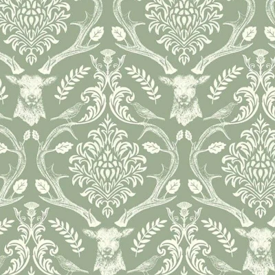 Image of SOPHIE LAURENCE Stag Damask Sage Green Wallpaper Flowers Birds Floral for Feature Wall Living Room Bedroom Paste The Paper