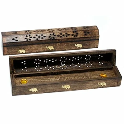 Image of KAV Wooden Incense Burner Stick Holder Coffin Box Ash Catcher with Brass Inlay for Home Utilities and Accessories, Meditation Fragrance Products