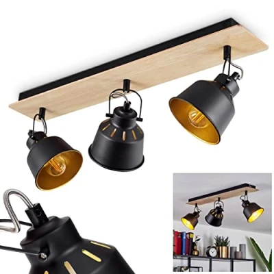 Image of ceiling light Safari, modern lamp made of metal/wood in black/chrome/gold/light brown, retro/vintage design with adjustable lampshades and effect, 3 flame, E14, without bulbs