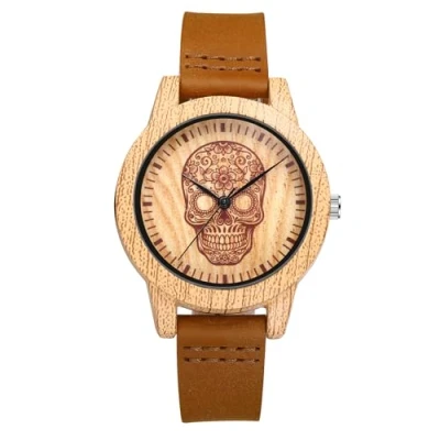 Image of JewelryWe Skull Imitation Wood Watch: Men’s Cool Round Analog Quartz Watch Punk Leather Wristwatch for Halloween