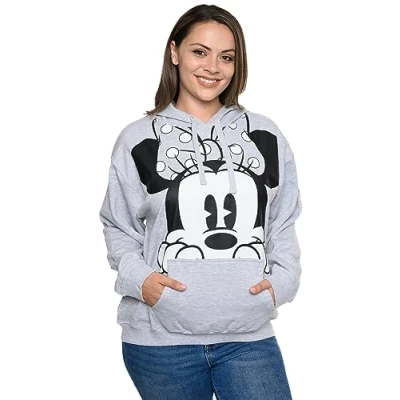 Image of Disney Women&#039;s Hoodie Minnie Mouse Peeking Pullover Sweatshirt (Medium) Heather Grey