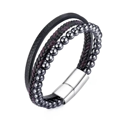 Image of Philip Jones Men&#039;s Genuine Leather Hematite Bracelet