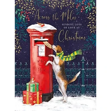 Image of Noel Tatt Across the Miles Christmas Card Dog and Letter Box with Foil Decoupage Embellishment Eco Friendly Recyclable