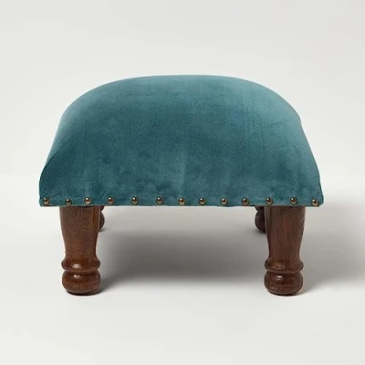 Image of HOMESCAPES Teal Green Velvet Footstool 40 x cm Square Pouffe on Solid Wood Legs 25 Tall Ottoman Style Upholstered Footrest