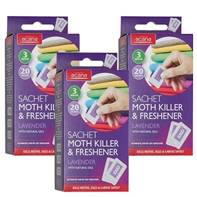 Image of 3x Pack of 20 Acana Moth Killer &amp; Freshener Sachets with Lavender Fragrance