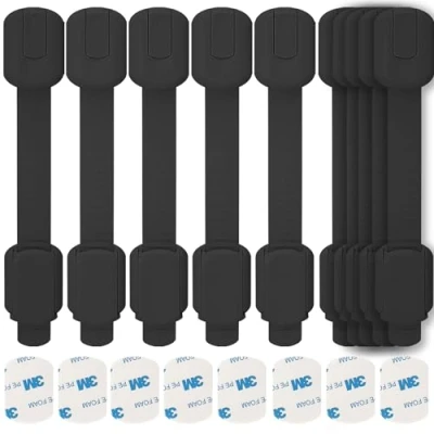 Image of Lubibi Child Safety Locks，10 Pack Adjustable Black Cupboard Locks, 8 Extra Stickers, Locks for Kitchen Cupboards Cabinet Fridge Drawer Refrigerator Toilet, Easy Install, No Tools Needed