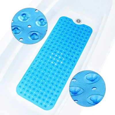 Image of ADOV Bath Mat Non Slip, 100x40cm Extra Long Shower Anti Mould, Bacterial Bathtub Mats, 200 Strong Suction Cups and Drain Holes, Mildew Resistant Machine Washable Bathroom Kids Blue