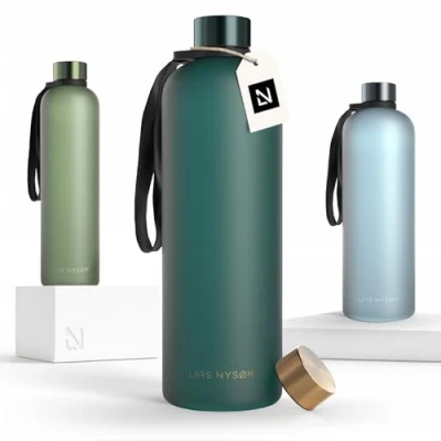 Image of LARS NYSØM Water Bottle 51oz Drinking 1,5Liter Ultralight Tritan Sports Flask leak proof Ideal for sports, office, yoga 2 lids included (Green Gold, XL 1500ml)