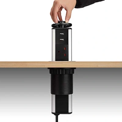 Image of Pull Pop Up Power Sockets for Kitchen Worktops Electrical Plug Socket with 2 USB Charging Ports Black