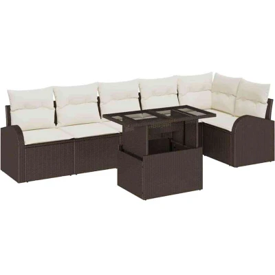 Image of vidaXL 7 Piece Garden Sofa Set with Cushions Brown Poly Rattan