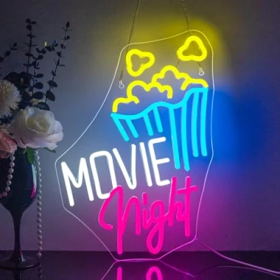 Image of Looklight Movie Night With Popcorn Neon Sign Cinema Led Signs for Wall Decor Room light Up Time Dimmable USB Lights Film Party Business