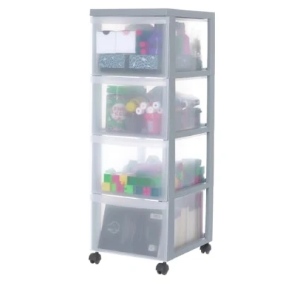 Image of Iris Ohyama Plastic Storage Drawer Unit with Wheels, 4 Deep Drawers, Grey, Easy Pull Handles, Supplies Organiser, For Bedroom, Bathroom, School &amp; Office, BPA Free, Chest, Tower, DC 304