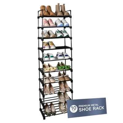 Image of CUQOO 10 Tier Narrow Shoe Rack Sturdy Metal Footwear Storage Quick Assembly No Tools Required Anti Rust Coating Organiser for Hallway Bedroom Bathroom Space Saving
