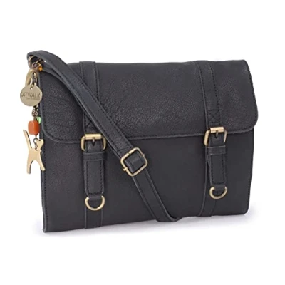 Image of Catwalk Collection Handbags Women&#039;s Small Leather Cross Body Bag Messenger Adjustable Shoulder Strap AMY Black