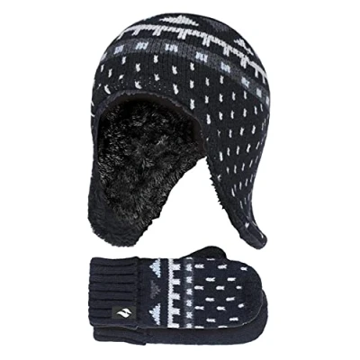 Image of HEAT HOLDERS Boys Outdoor Faux Fur Pom Hat with Ear Flaps &amp; Mittens Gloves (3 6 Years, Black)