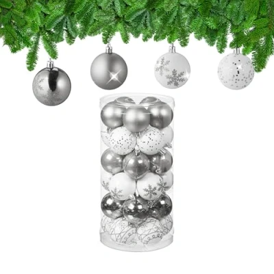 Image of Relaxdays Christmas Baubles Set of 30, Plastic, D: 6 cm, Round, Shatterproof, Tree Decorations, Patterns, Silver/White, 7 x cm