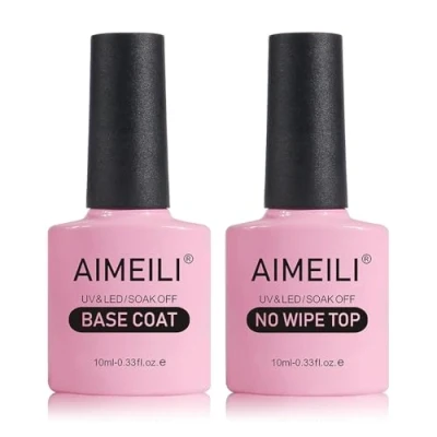 Image of AIMEILI Hema Free No Wipe Top Coat and Base Gel Nail Polish Set, Shine Finish Long Lasting, UV LED Soak Off Lacquer Varnish 2 x 10ml