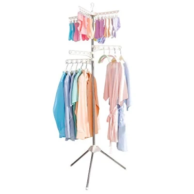 Image of BAOYOUNI Collapsible Clothes Drying Rack Foldable Tripod Coat Hanger Corner Garment Storage Shelf Stand Portable Laundry Organizer Indoor Outdoor with 3 Arms and 24 Clothespins Ivory