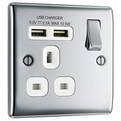 Image of BG Electrical npc21u2w Single Switched Fast Charging Power Socket with USB Ports, 13 A, Polished Chrome, 4.0 cm*3.0 cm*4.0 cm