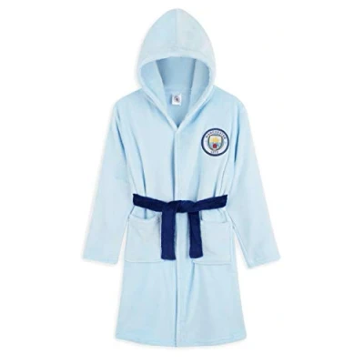 Image of MANCHESTER CITY F.C. Boys Hooded Robe, Fleece Bathrobe with 2 Pockets Gifts (13 14 Years, Light Blue)