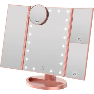 Image of WEILY Tri fold Vanity Mirror, 21 LEDs and 2X/3X Magnification, Touch Switch for Adjusting Brightness, Dual Power Supply mode Makeup Mirror (Rose Gold)