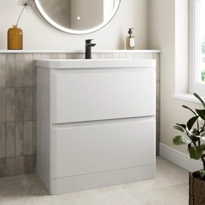 Image of Affine® 800mm Vanity Unit Wash Basin Sink Bathroom Floor Standing Storage Cabinet Cupboard Cloakroom, Soft Close Drawers, White Gloss