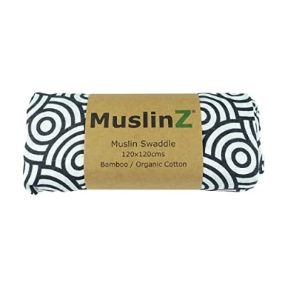Image of MuslinZ Newborn Sensory Muslin squares in Black and White for Visual Stimulation Play. Baby Bamboo/Organic Cotton mix. (Swirl, 120x120cms)