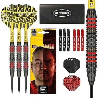 Image of Target Darts Dimitri Van Den Bergh Dream Maker 22g Brass Steel Tip Set Accessories Gift Pack Includes Dart Barrels, Pro Grip Stems, Flights, Points, Case