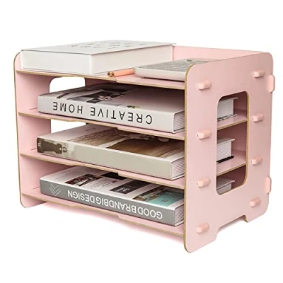 Image of EXERZ Wooden File Organiser 4 Tiers for Desk Tidy, Office Supplies, Document Holder, Student Homework, School Work, Notebook, Letters and Magazine Storage, Stationary (Light Pink)