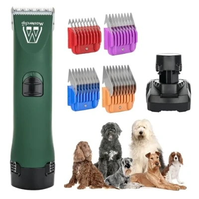 Image of MASTERCLIP Cordless Dog Clipper for All Breeds. Ideal Thick, Curly, Silky &amp; Long Hair. Perfect Grooming Your at Home. 2 Batteries, 1 Charger, 10 Blade, 4 Comb Guides, Oil Brush