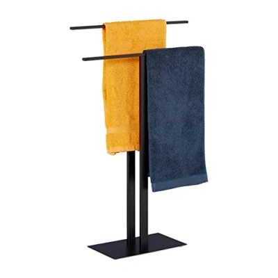 Image of Relaxdays Towel Rack, 2 Bars, Free Standing, for Bathroom, made of Iron, Double Rack HWD: 82 x 50 19 cm, Black
