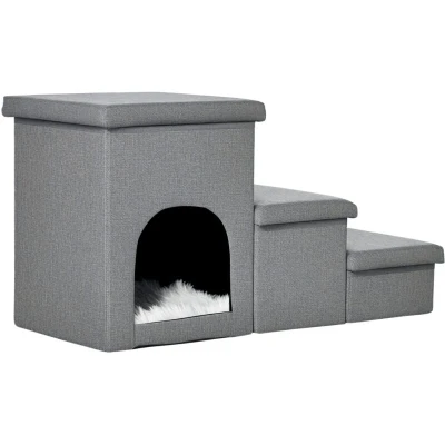 Image of PawHut Dog Steps for Bed, 3 Step Pet Stairs with Kitten House and 2 Storage Boxes, in 1 Ramp Sofa Washable Plush Cushion, Light Grey